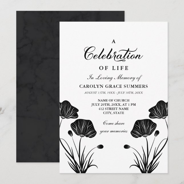 Invitation Célébration de pavots noirs et cultivés de la vie (Devant / Derrière)