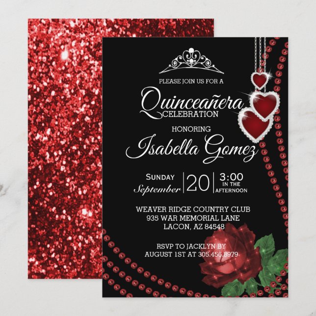Invitation Célébration de Quinceañera à la Rose Rouge (Devant / Derrière)