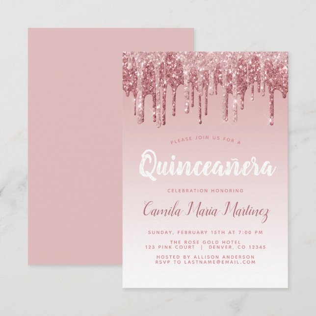 Invitation Célébration de Quinceanera à paillettes de rose do (Devant / Derrière)