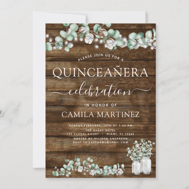 Invitation Célébration de Quinceanera en bois rustique Eucaly (Devant)