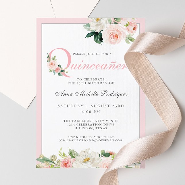 Invitation Célébration de Quinceanera Florale Rose (Créateur téléchargé)