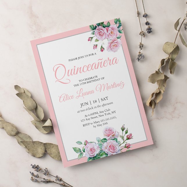 Invitation Célébration de Quinceanera Florale Rose (Créateur téléchargé)