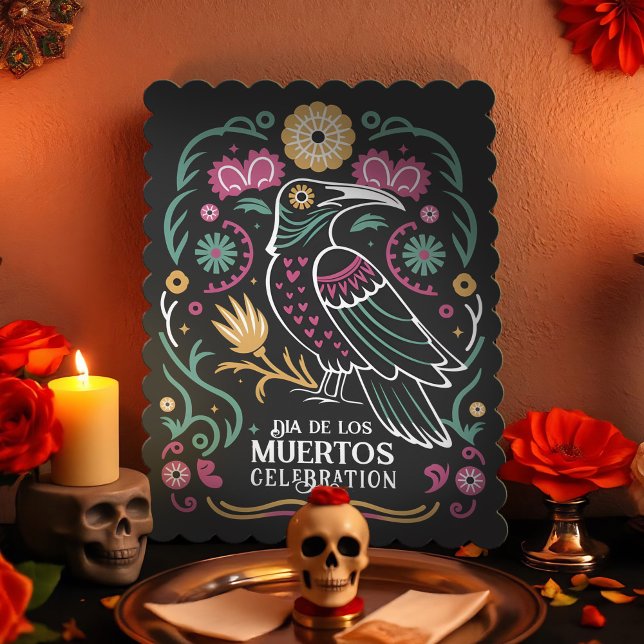 Invitation Célébration de Raven & Calavera Dio De Los Muertos (Vibrant Dia de los Muertos invitations w/ raven and calavera skull, adorned with hearts and flowers)