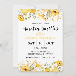Invitation Célébration des 80 ans avec des fleurs jaunes