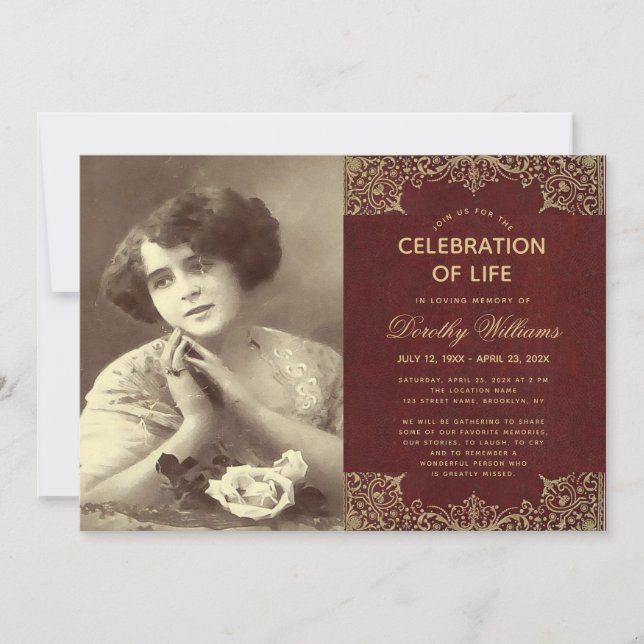 Invitation Célébration des funérailles de la vie Bourgogne Or (Devant)