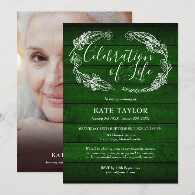 Invitation Célébration des funérailles du bois vert de la vie (Devant / Derrière)