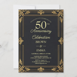 Invitation Célébration du 50e anniversaire en noir élégant et