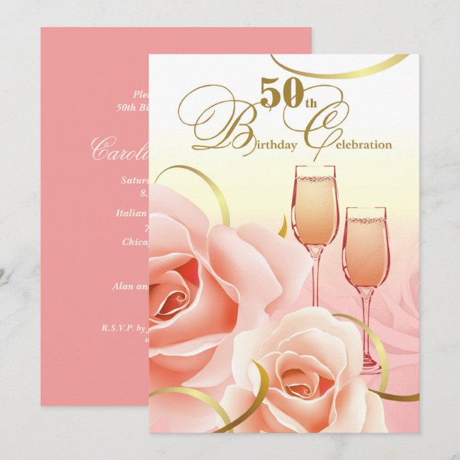 Invitation Célébration du 50e anniversaire. Roses rose (Devant / Derrière)