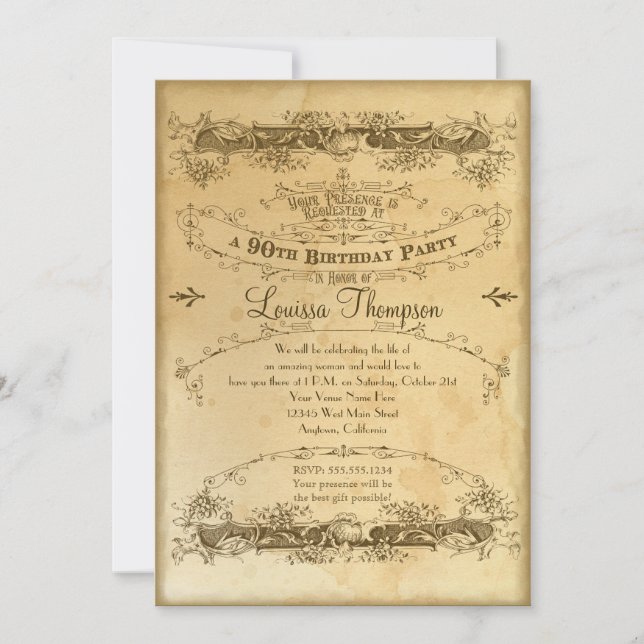 Invitation Célébration du 90e anniversaire dans un style vint (Devant)