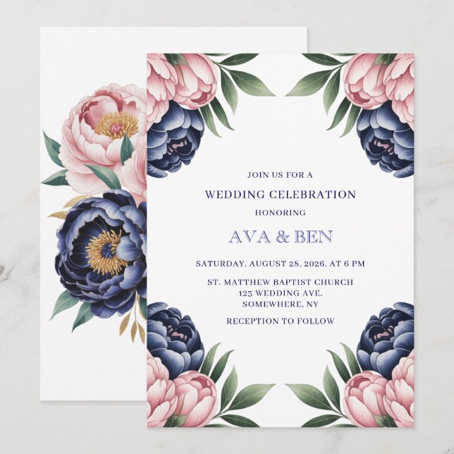 Invitation Célébration du Mariage Blush et Navy Blue Peony (Devant / Derrière)