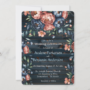 Invitation Célébration du Mariage de bois Marine et Copper Pe
