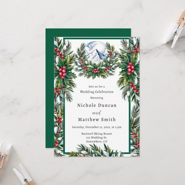 Invitation Célébration du Mariage de la couronne de pin neige (Devant/Arrière en situation)