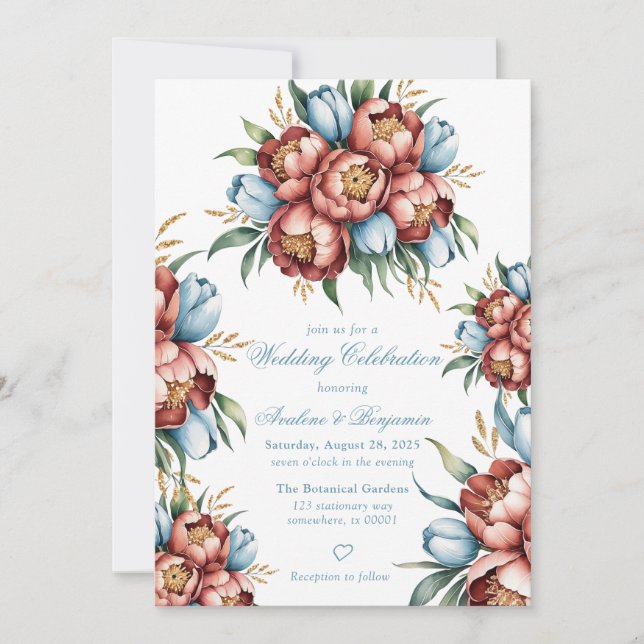 Invitation Célébration du Mariage des pivoines et tulipes rom (Devant)