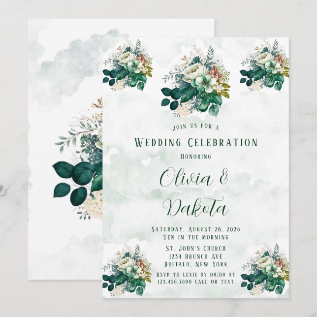 Invitation Célébration du Mariage Emerald Green Cream Florals (Devant / Derrière)
