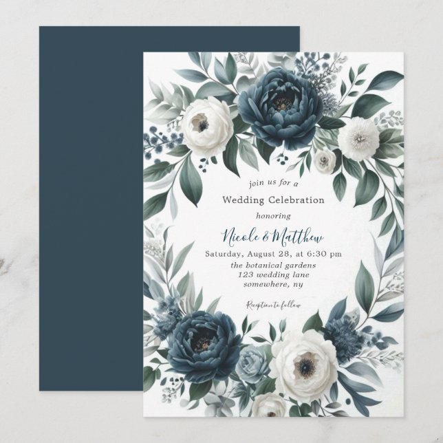 Invitation Célébration du Mariage floral d'ivoire bleu marine (Devant / Derrière)