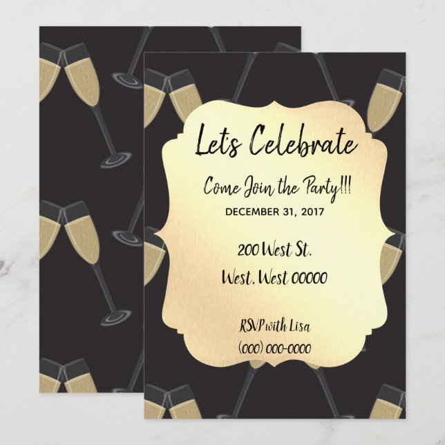 Invitation Célébration du Nouvel An noir et or élégante (Devant / Derrière)