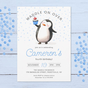 Invitation Célébration du pingouin de Cupcake bleu, anniversa