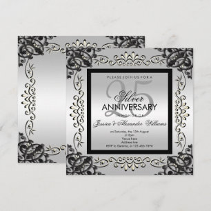 Invitation Célébration élégante argent et noir de 25 ans de m