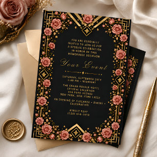 Invitation Célébration élégante de la Rose Gala en noir et or