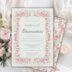 Invitation Célébration élégante de Quinceañera florale rose 1