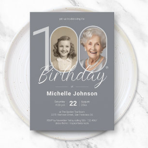 Invitation Célébration élégante en argent de 100 ans avec pho