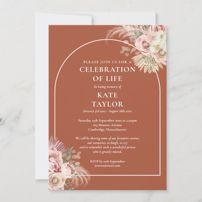 Invitation Célébration funéraire de la vie Floral Pampas Herb (Devant)