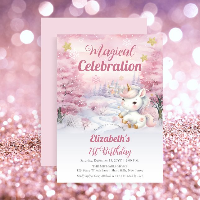 Invitation Célébration magique Unicorn 1er anniversaire (Unicorn Pink Magical Celebration Mythical Creature Girl's 1st Birthday Party Invitation)