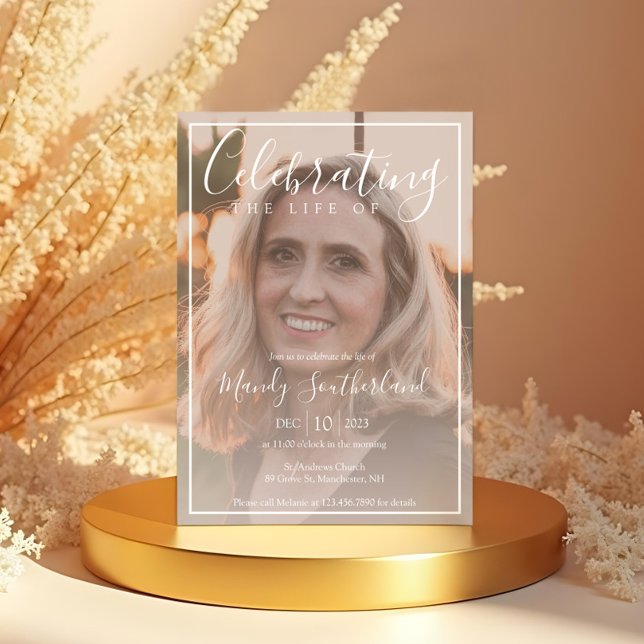 Invitation Célébration minimale de la vie Élégante Script pho (Minimal Celebration of Life Elegant Script Photo Invitation)