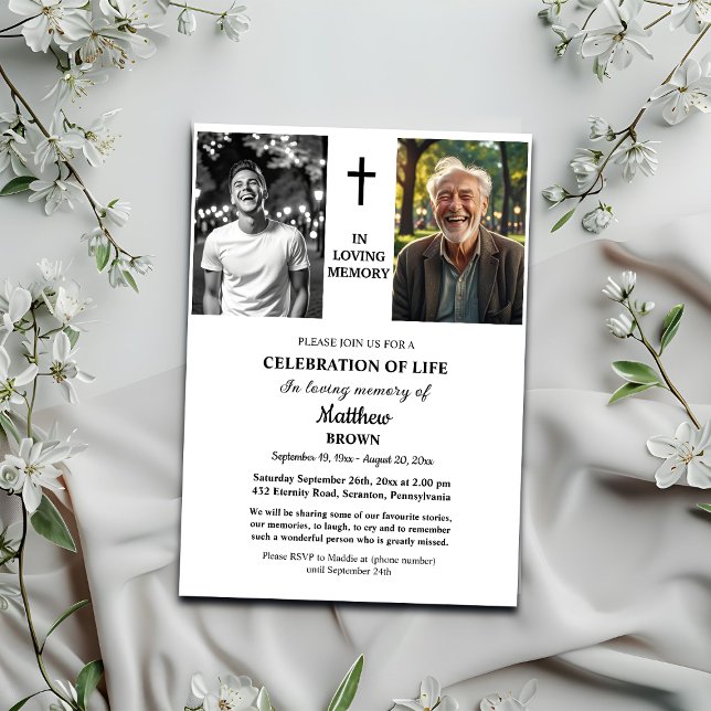 Invitation Celebration Of Life 2 Photos Funeral White (Créateur téléchargé)