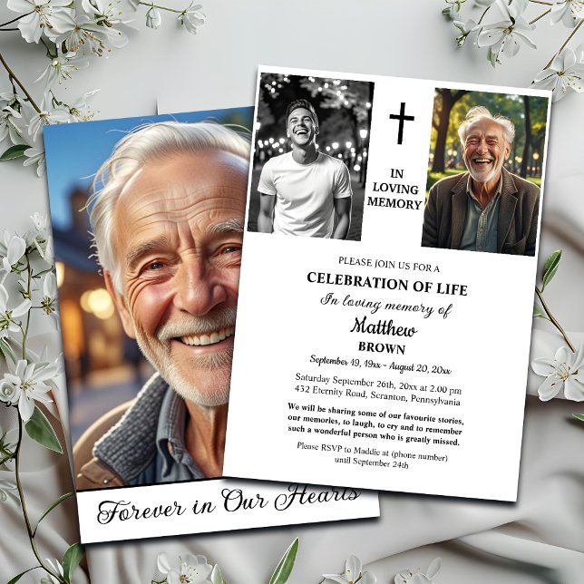 Invitation Celebration Of Life 3 Photos Funeral White (Créateur téléchargé)