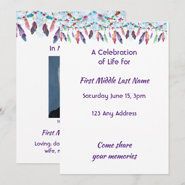 Invitation Celebration of Life Feathers Boho Tribal Native (Devant / Derrière)