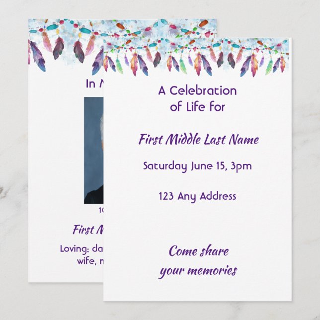Invitation Celebration of Life Feathers Boho Tribal Native (Devant / Derrière)