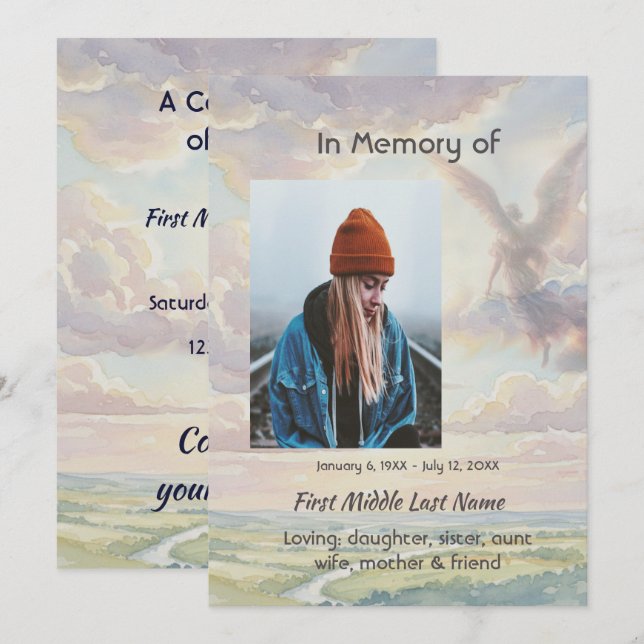 Invitation Celebration of Life Invite Angel Sky Clouds (Devant / Derrière)