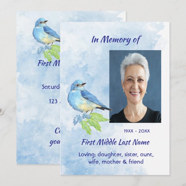 Invitation Celebration of Life Service Bluebird Garden Bird  (Devant / Derrière)