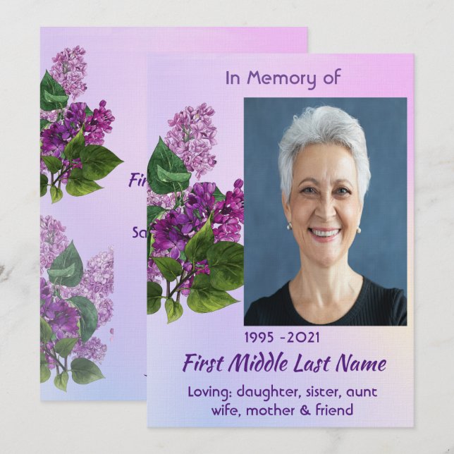 Invitation Celebration of Life Service  Lilac Garden Flower  (Devant / Derrière)