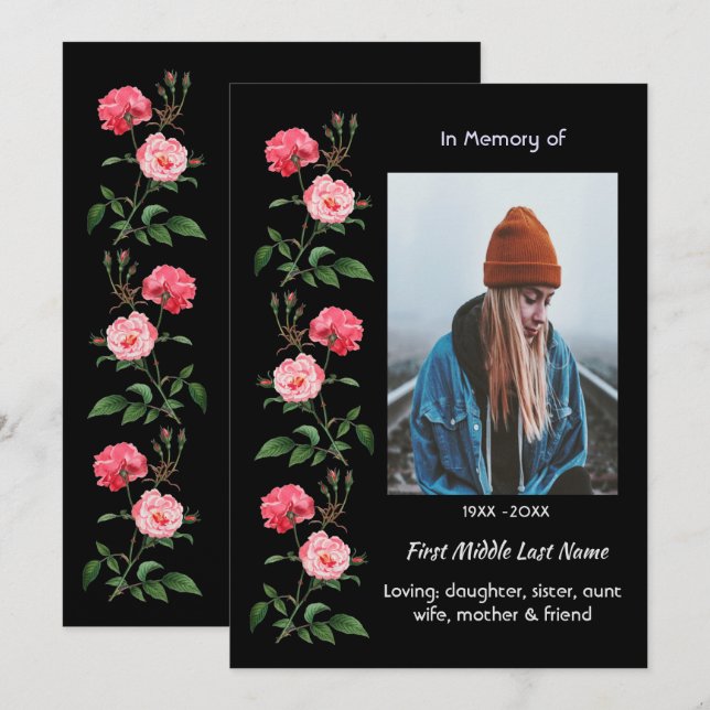 Invitation Celebration of Life Service  Roses Garden Flowers (Devant / Derrière)