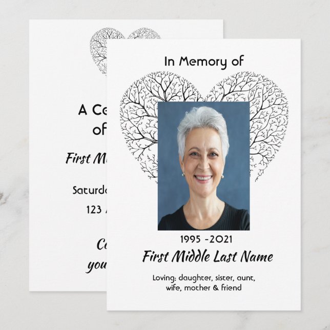 Invitation Celebration of Life Service Tree Life Heart Love (Devant / Derrière)