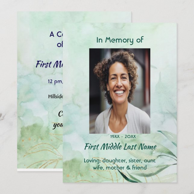 Invitation Celebration of Life Service Watercolor Foliage  (Devant / Derrière)