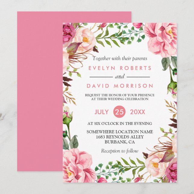 Invitation Célébration romantique du Mariage botanique rose (Devant / Derrière)