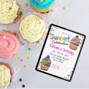 Invitation Célébration Sucrée Anniversaire Cupcake Coloré