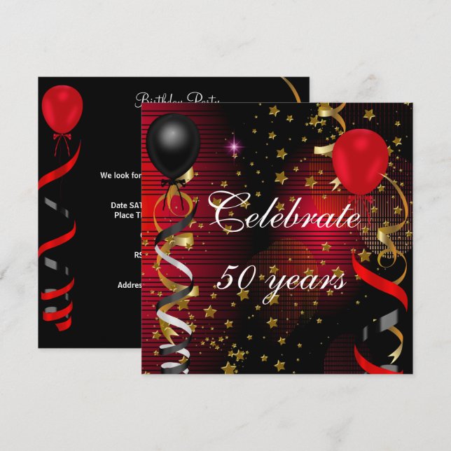 Invitation Célébrer 50 50e anniversaire de la fête Black Red  (Devant / Derrière)