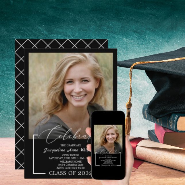 Invitation Célébrer la classe de diplômés de la photo noir bl (Celebrate Graduating Class of Photo Black White In Invitation)