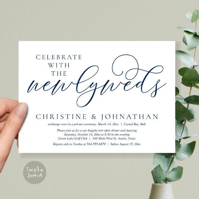 Invitation Célébrez avec les jeunes mariés, dîner Mariage (Celebrate with the newlyweds, Wedding Dinner Invitation Card, PDF, Modern Romantic in Navy Blue)