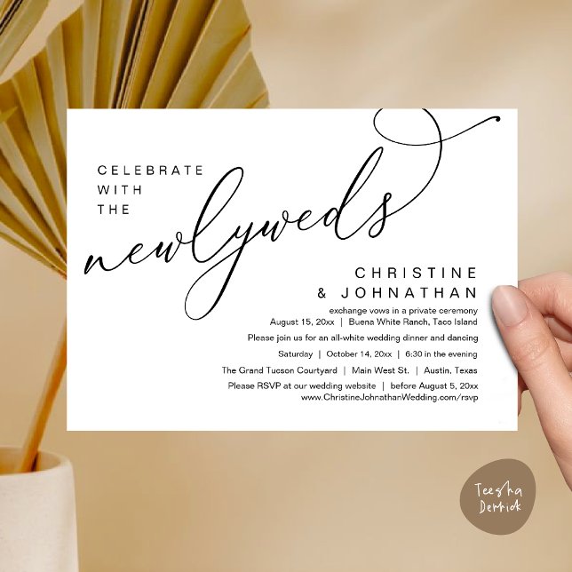 Invitation Célébrez avec les nouveaux mariés, Mariage romanti (Celebrate with the Newlyweds, Modern Romantic Wedding Dinner Party Invitation Card PDF White Black)