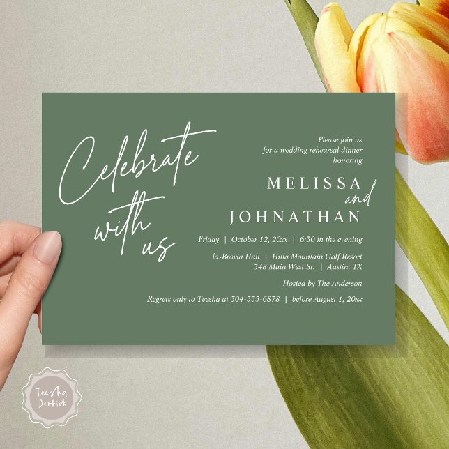 Invitation Célébrez avec nous, Dîner de répétition Mariage mo (Celebrate with us, Modern Wedding Rehearsal Dinner Invitation Card, PDF, in Forest Sage Green)