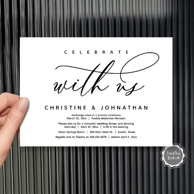 Invitation Célébrez avec nous, Dîner Mariage moderne Elopemen (Celebrate with us, Modern Wedding Elopement Dinner Invitation Card, PDF, Modern Romantic Black White)