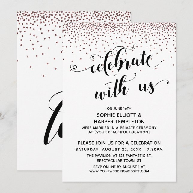 Invitation Célébrez avec Nous Écriture Confettis Rose Gold (Devant / Derrière)