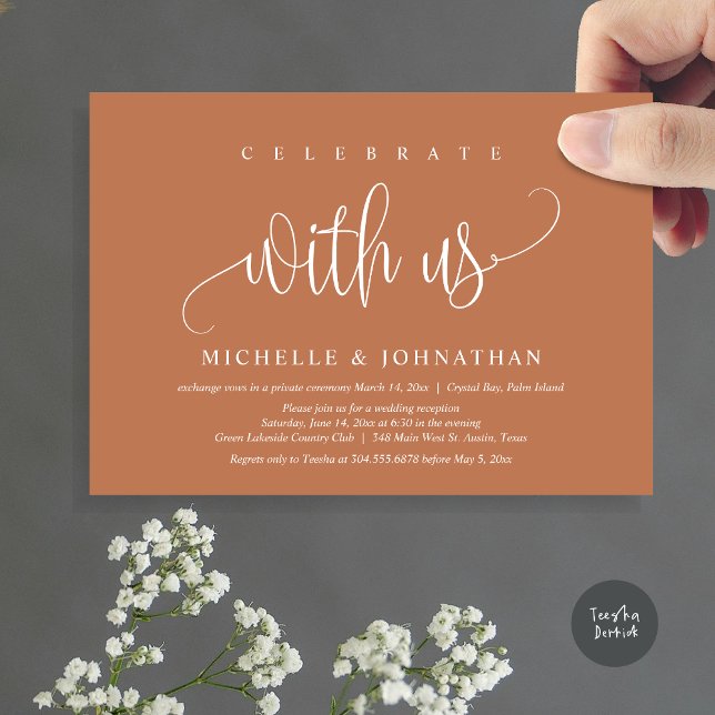 Invitation Célébrez Avec Nous, Mariage Elopement Célébration (Celebrate with us, Modern Wedding Elopement Dinner Party Invitation Card, PDF, in timeless Copper)