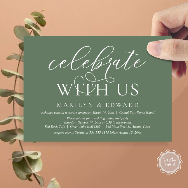 Invitation Célébrez avec nous, Mariage Intime et Fête (Celebrate With Us, Modern Wedding Dinner Invitation Card, PDF, in Forest Sage Green)
