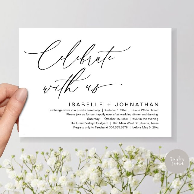 Invitation Célébrez avec nous, Mariage romantique Diner Party (Celebrate with us, Romantic Wedding Dinner Brunch Party Invites Card PDF Modern Classy White Black)